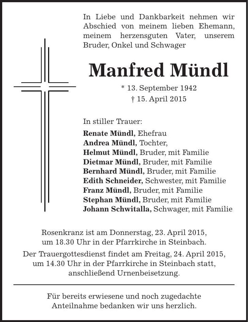Traueranzeige Manfred Mündl