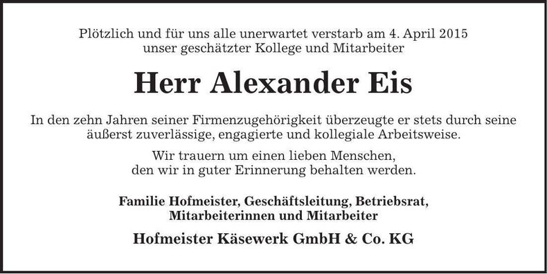 Traueranzeige Alexander Eis