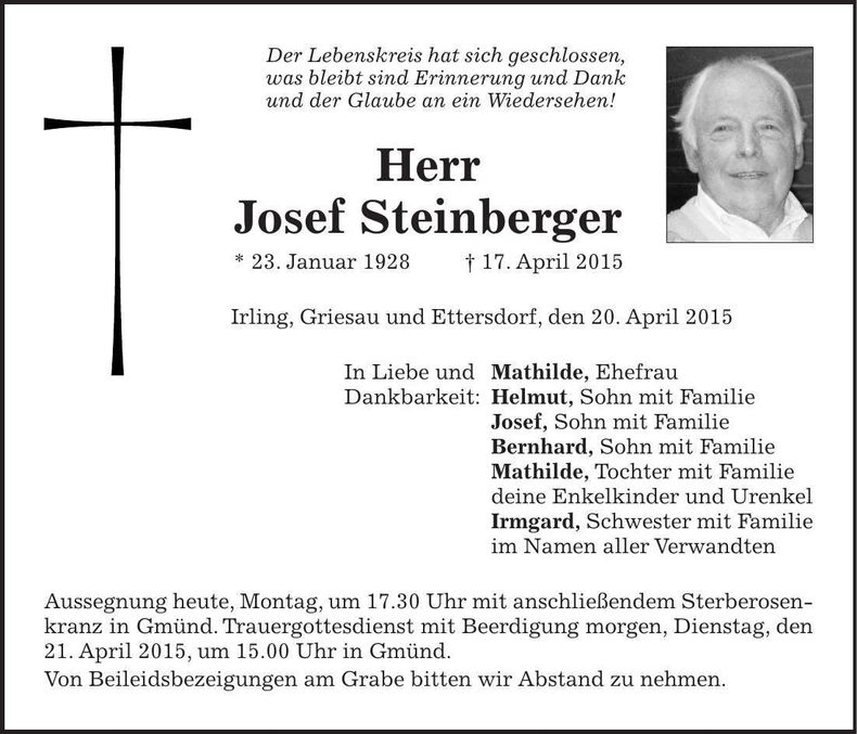 Traueranzeige Josef Steinberger