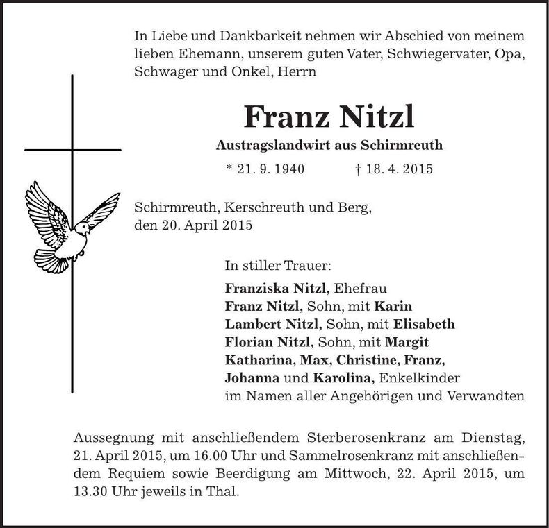 Traueranzeige Franz Nitzl