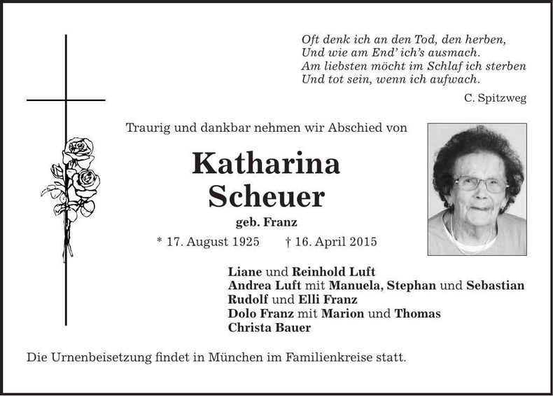 Traueranzeige Katharina Scheuer