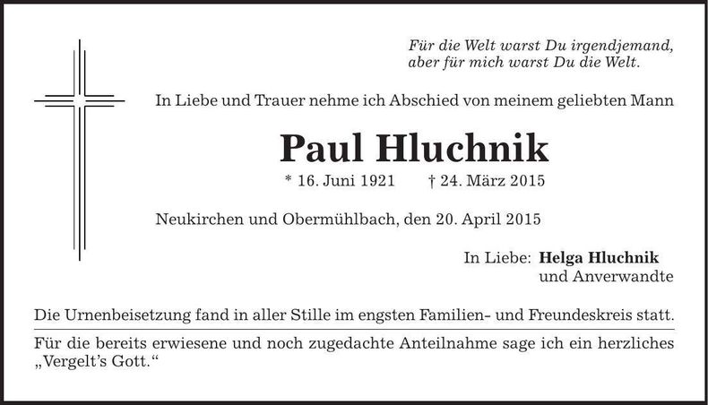 Traueranzeige Paul Hluchnik