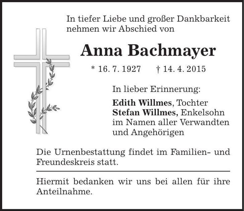 Traueranzeige Anna Bachmayer
