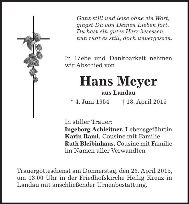 Traueranzeige Hans Meyer