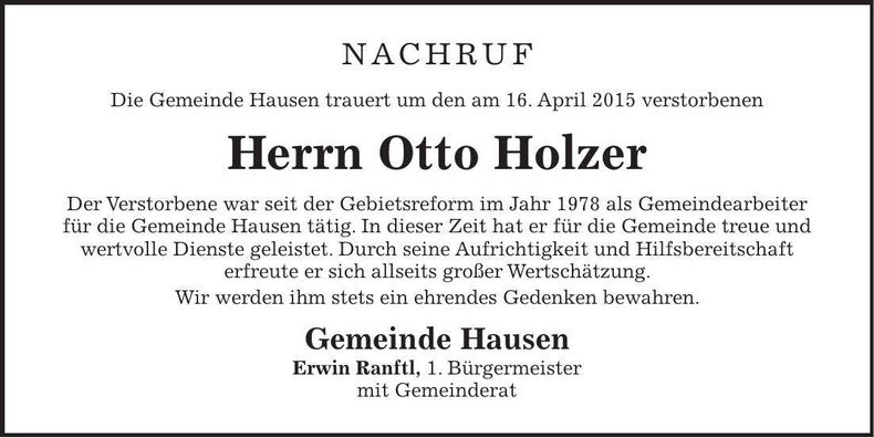 Traueranzeige Otto Holzer