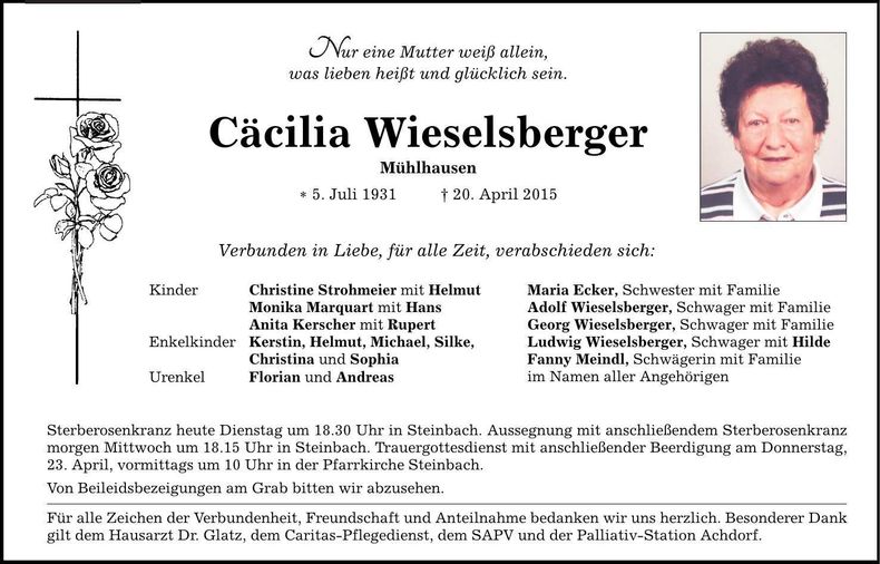 Traueranzeige Cecilia Wieselsberger