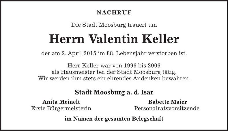 Traueranzeige Valentin Keller
