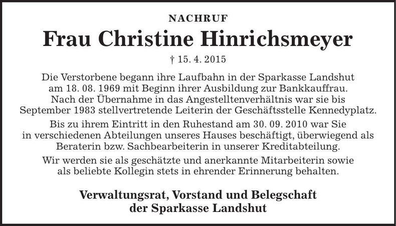 Traueranzeige Christine Hinrichsmeyer