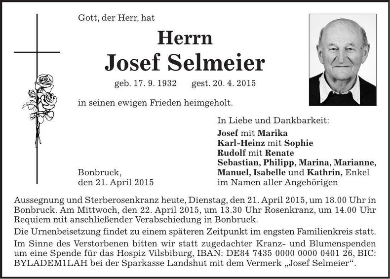 Traueranzeige Josef Selmeier