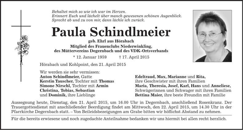 Traueranzeige Paula Schindlmeier