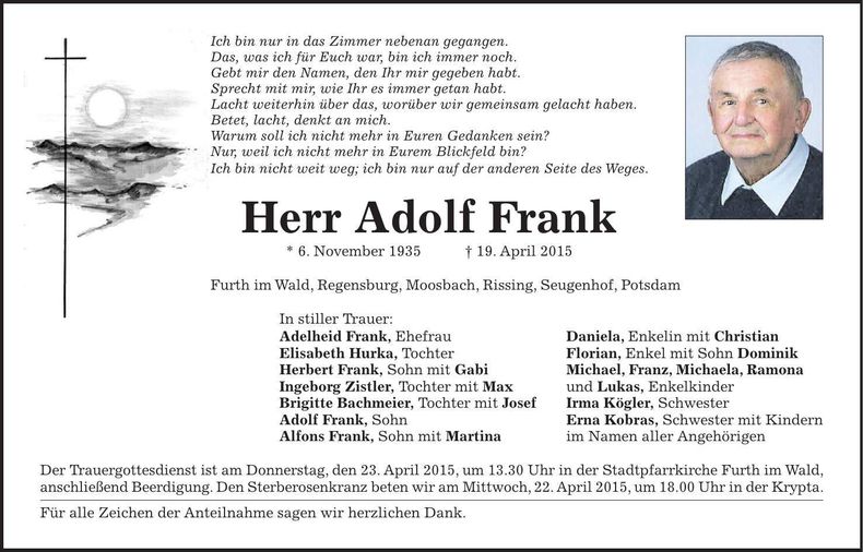 Traueranzeige Adolf Frank