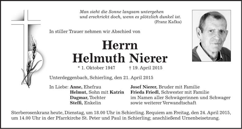 Traueranzeige Helmuth Nierer