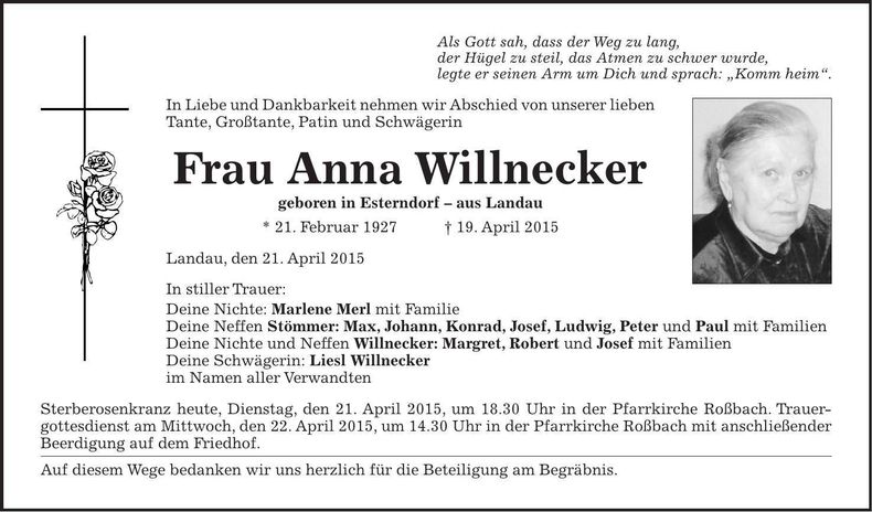 Traueranzeige Anna Willnecker