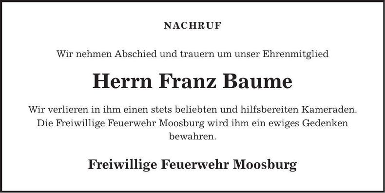 Traueranzeige Franz Baume