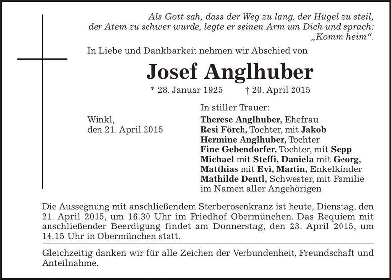 Traueranzeige Josef Anglhuber