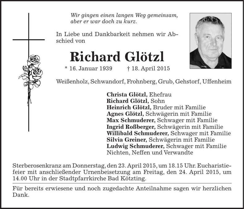 Traueranzeige Richard Glötzl