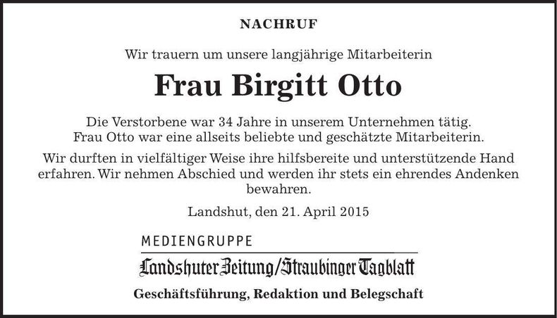 Traueranzeige Birgitt Otto
