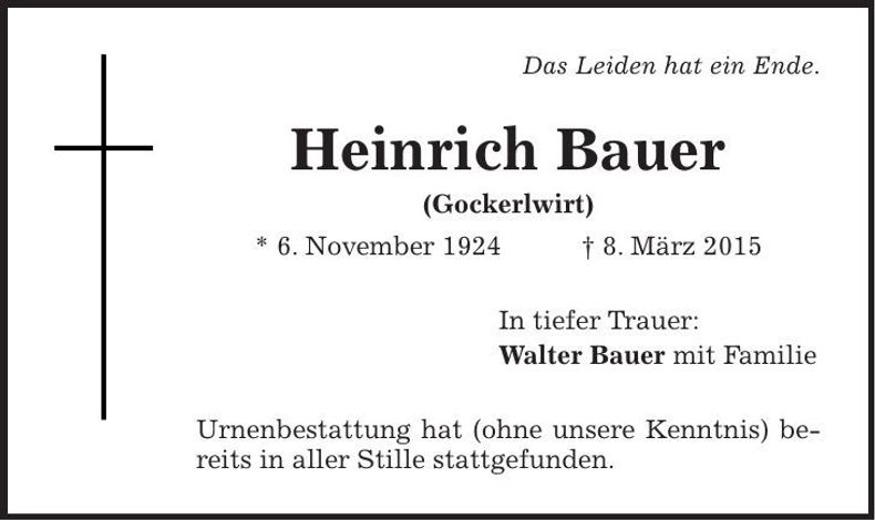Traueranzeige Heinrich Bauer