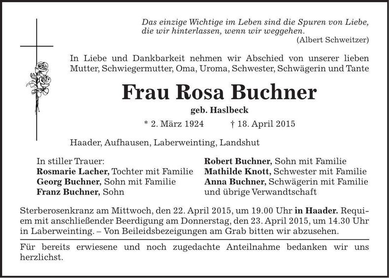Traueranzeige Rosa Buchner
