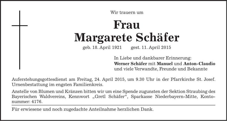 Traueranzeige Margarete Schäfer
