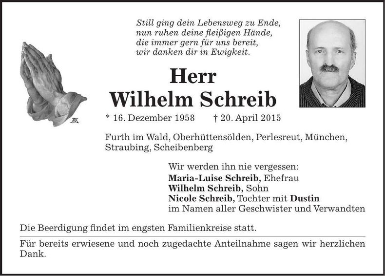 Traueranzeige Wilhelm Schreib