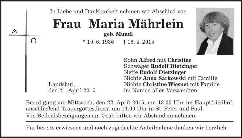 Traueranzeige Maria Mährlein