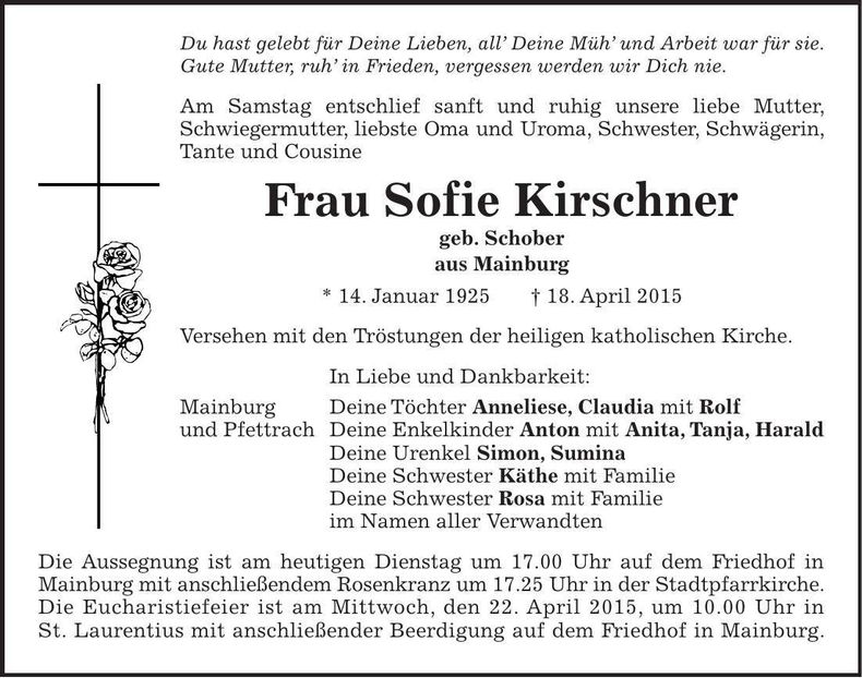 Traueranzeige Sofie Kirschner