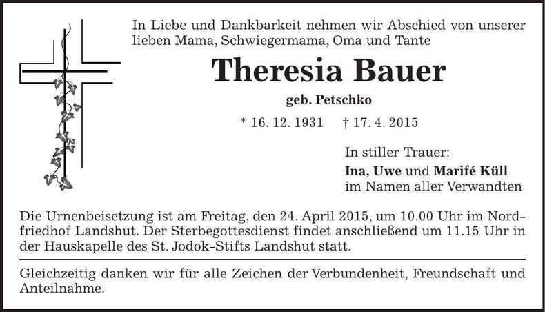 Traueranzeige Theresia Bauer