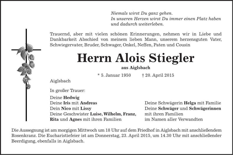 Traueranzeige Alois Stiegler