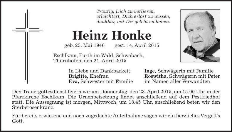 Traueranzeige Heinz Honke