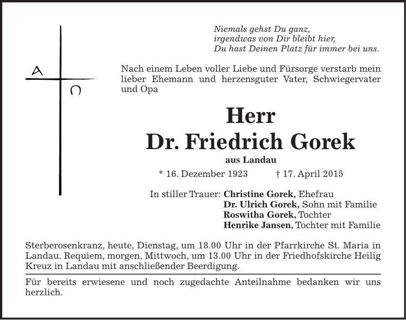 Traueranzeige Friedrich Gorek