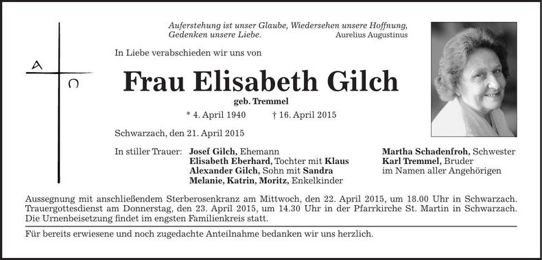 Traueranzeige Elisabeth Gilch