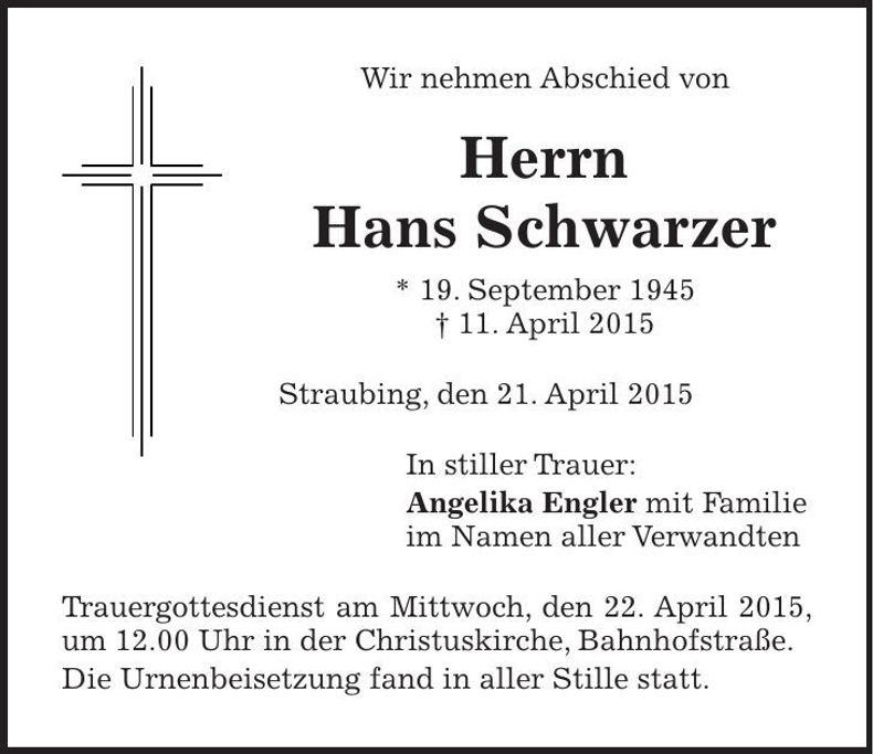 Traueranzeige Hans Schwarzer
