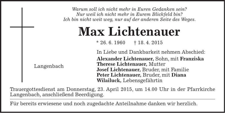 Traueranzeige Max Lichtenauer