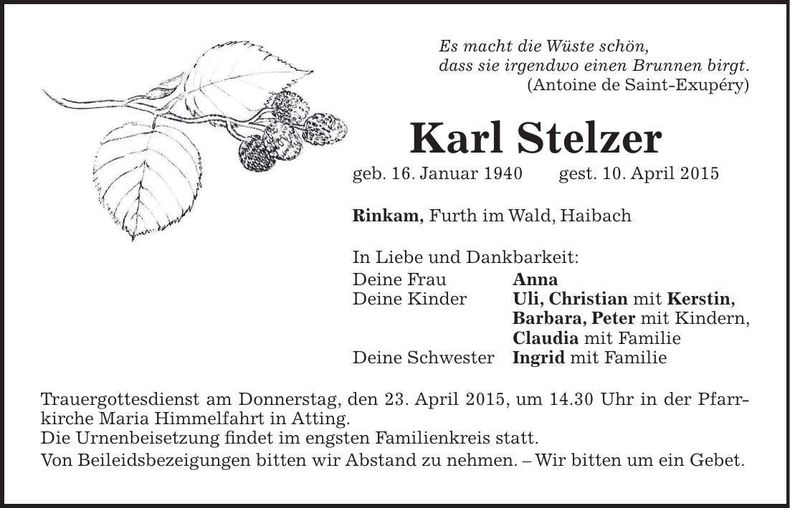 Traueranzeige Karl Stelzer