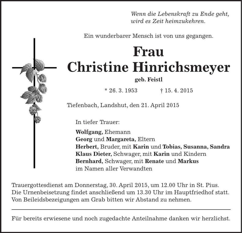 Traueranzeige Christine Hinrichsmeyer