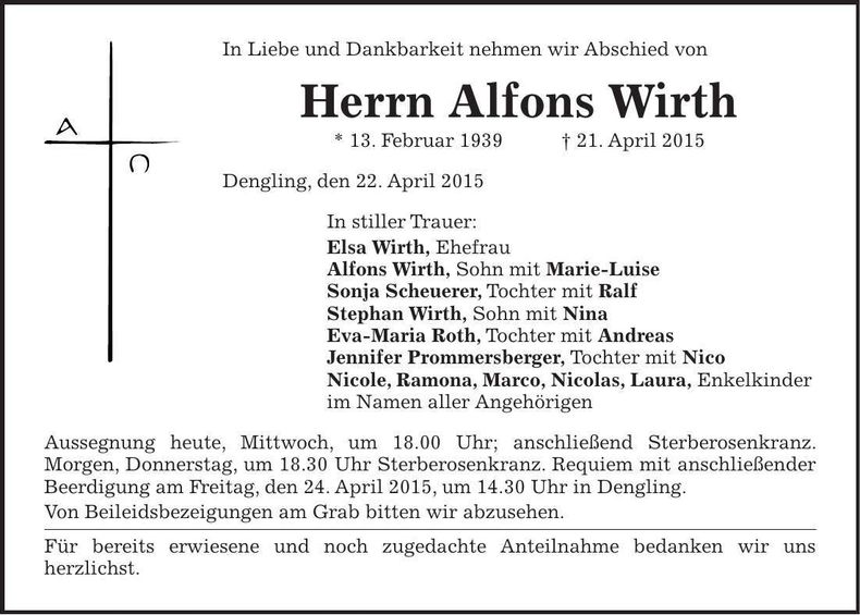 Traueranzeige Alfons Wirth