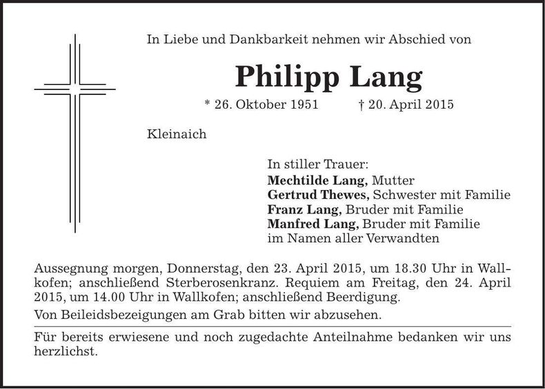 Traueranzeige Philipp Lang
