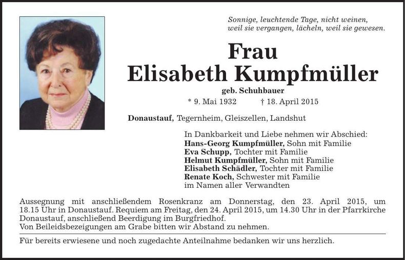 Traueranzeige Elisabeth Kumpfmüller