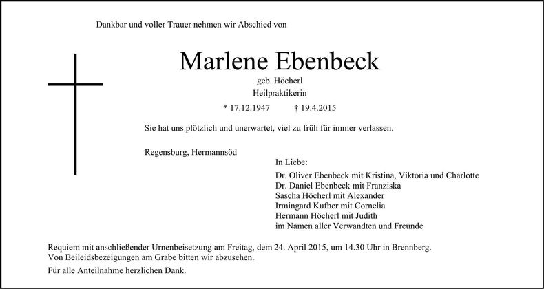 Traueranzeige Marlene Ebenbeck