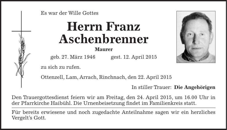 Traueranzeige Franz Aschenbrenner