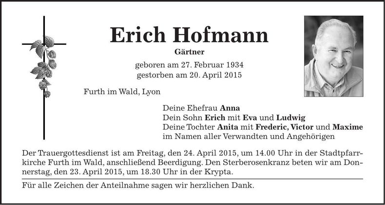 Traueranzeige Erich Hofmann