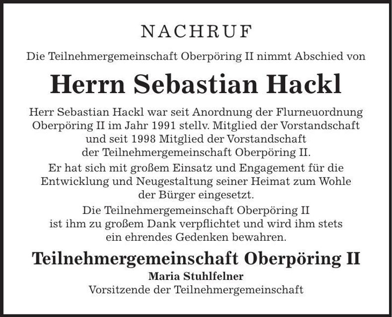 Traueranzeige Sebastian Hackl