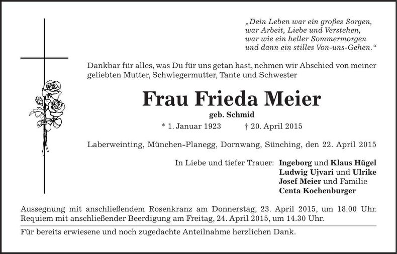 Traueranzeige Frieda Meier
