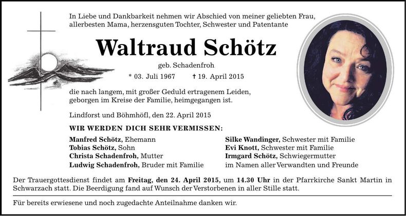 Traueranzeige Waltraud Schötz