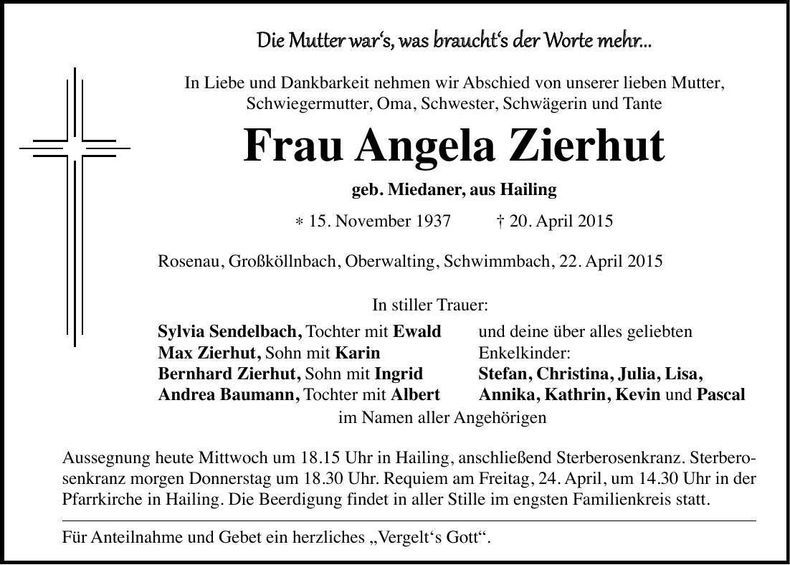 Traueranzeige Angela Zierhut