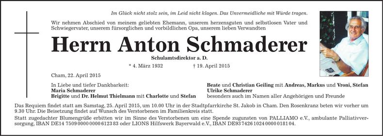 Traueranzeige Anton Schmaderer
