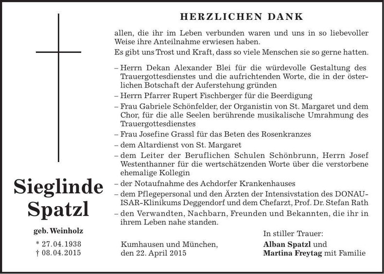 Traueranzeige Sieglinde Spatzl
