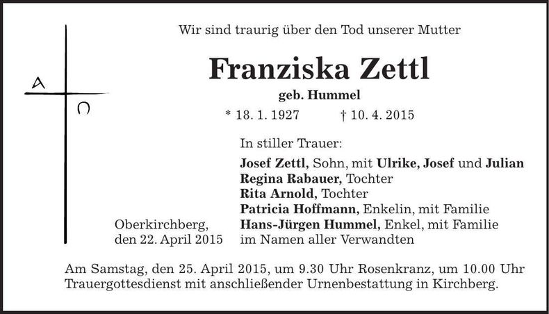 Traueranzeige Franziska Zettl