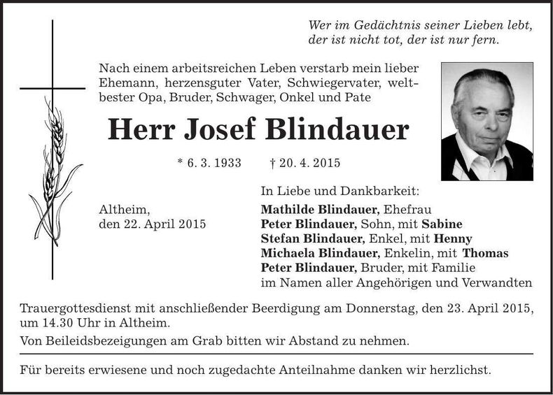 Traueranzeige Josef Blindauer
